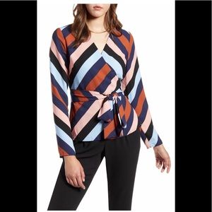 Halogen multicolor striped detail wrapped blouse
